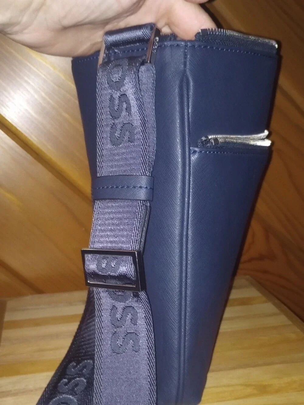 BOSS Navy Textured Messenger Bag with Branded Strap